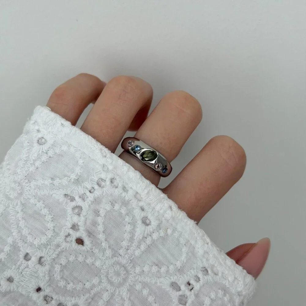 SKU0544 Silver Multicoloured Gemstones Women Ring Stainless‎ steel + gift bag